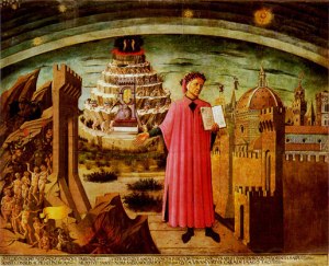 Lukisan diri Dante membawa buku The Divine Comedy yang dulukis oleh Michelino dan saat ini tergantung di Il Duomo - Florence